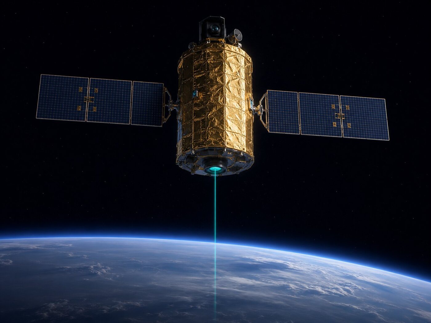 L4-LDR spacecraft render with active green laser beam